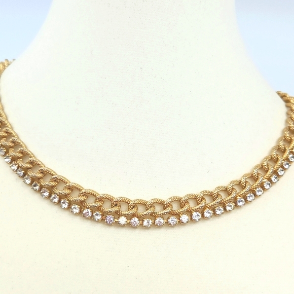 Vintage Jewelry - VINTAGE Gold Tone Chain Necklace with Clear Rhinestones